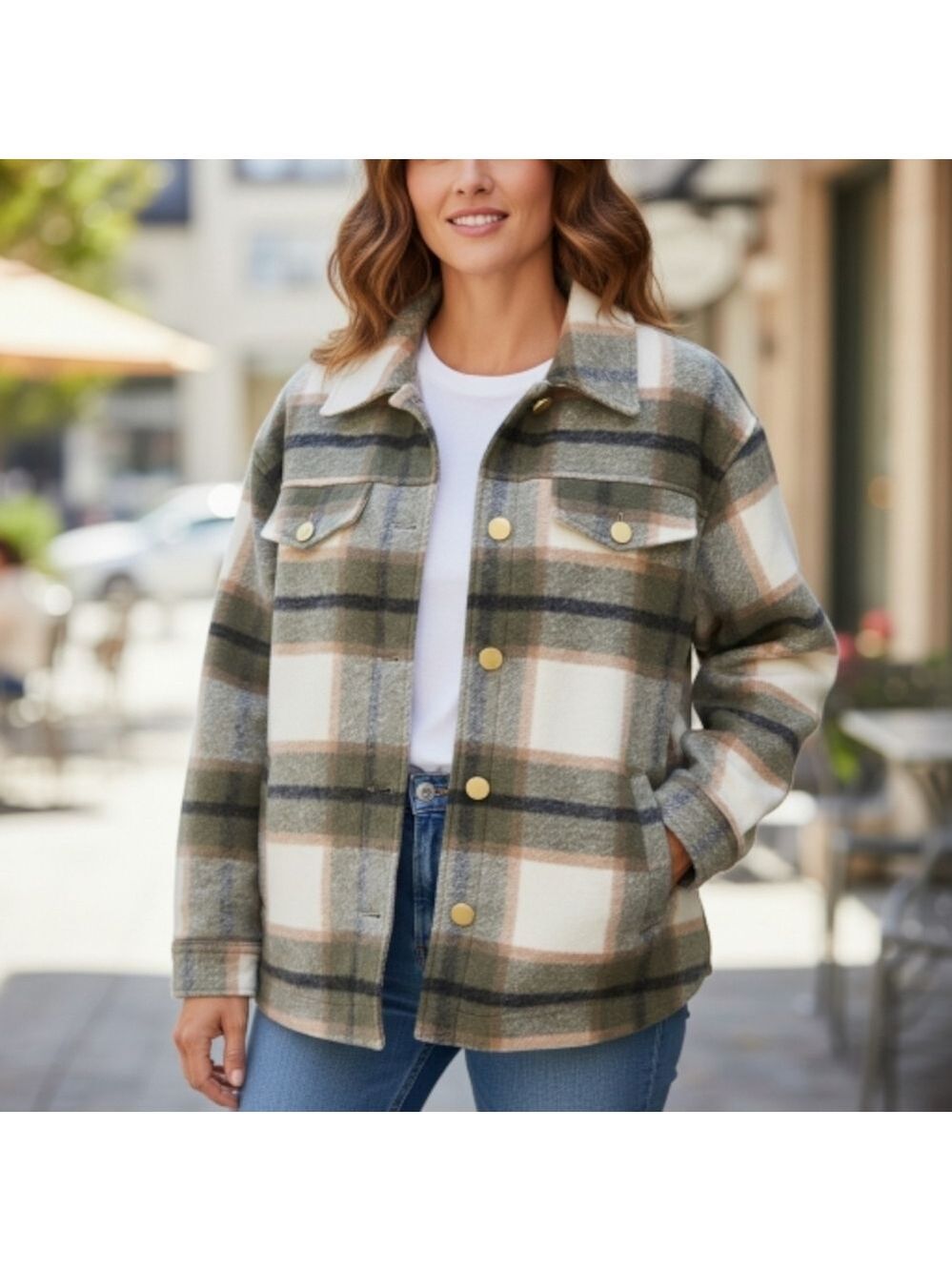 Jolie XL Winter Flannel Green And Cream Button Down Coat Blazer Sweater
